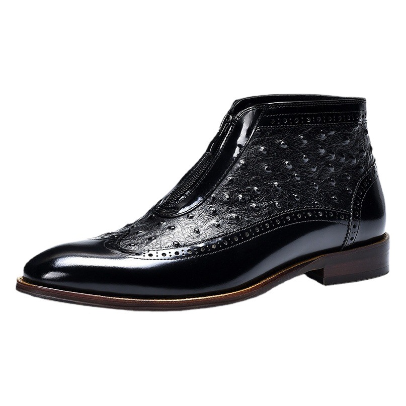 [vip for] foreign trade men's boots genuine leather ostrich embossed zipper pointed martin boots bright leather chelsea boots