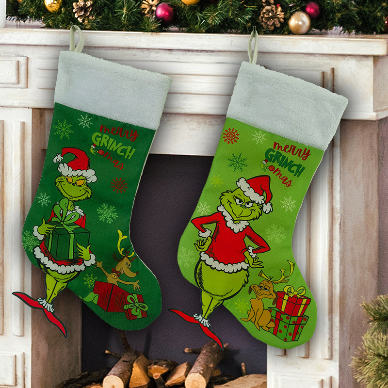 Christmas Grinch Christmas Stocking Green Furry Monster Gift Bag Christmas Tree Skirt Chair Cover Wine Bottle Cover Christmas Tree Decorations