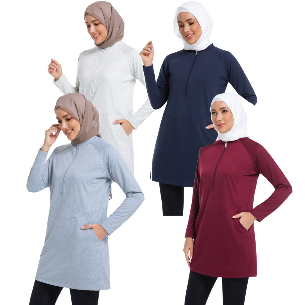 Muslim Women's Tops Sportswear Arab Middle East Pure Color Long-Sleeved Zipper Sweatshirt Outdoor Y026
