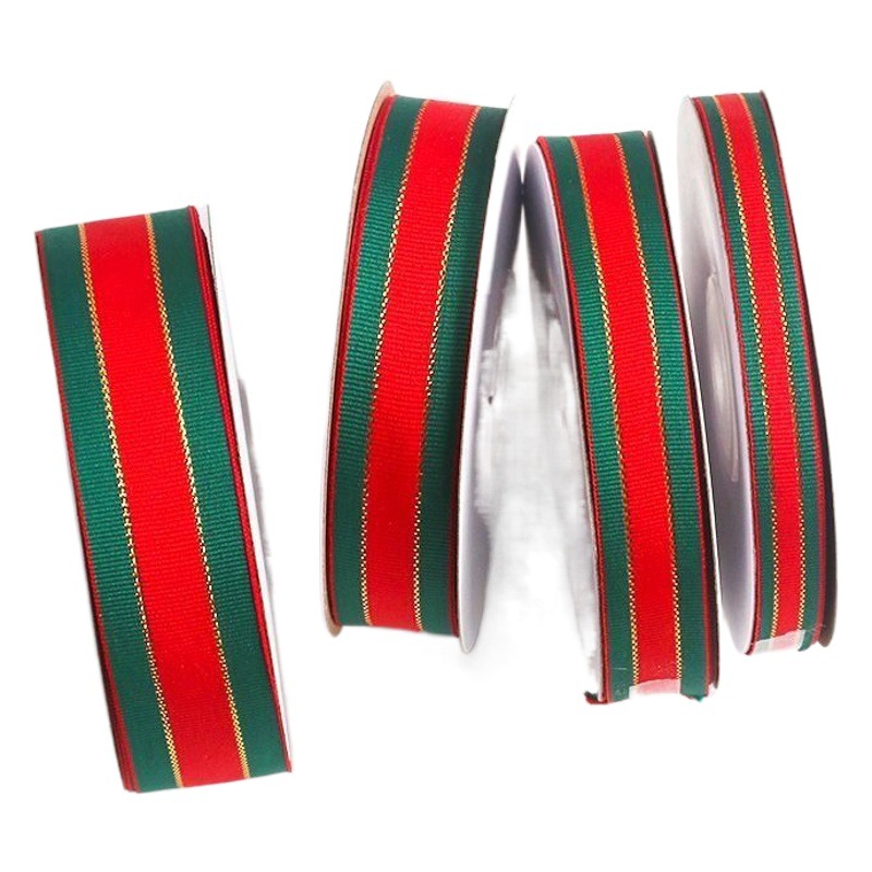 Cross-border Christmas Ribbon Red Green Stripe Polyester Ribbon Thread Ribbon Cake Flower Gift Packaging Bow Woven
