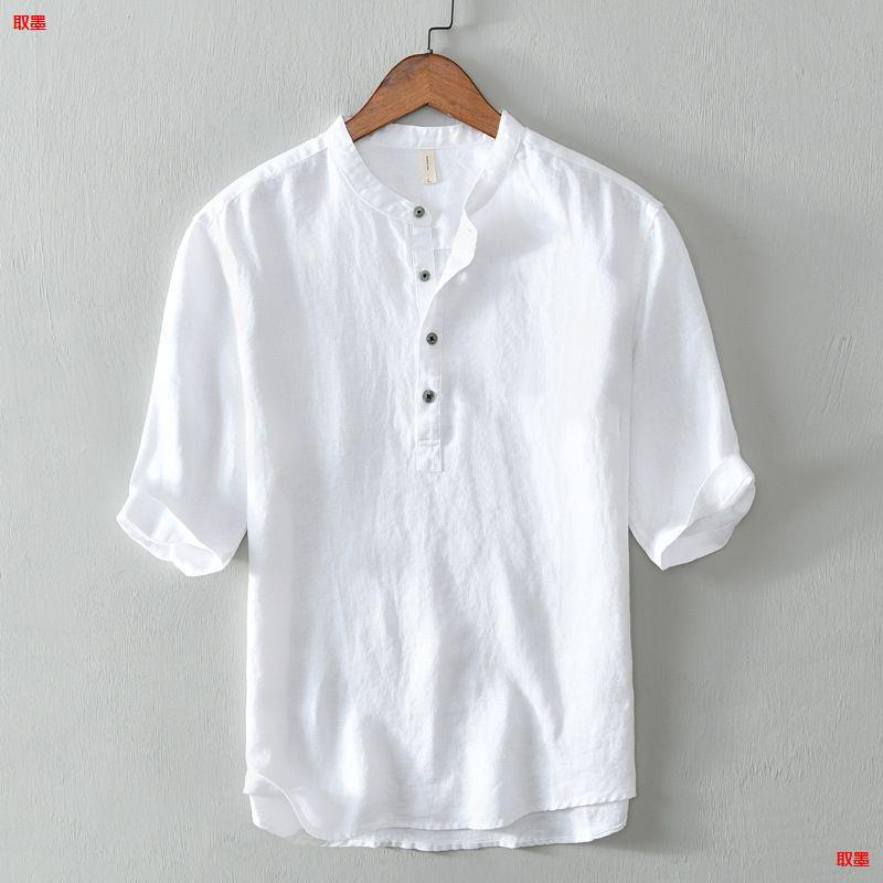 Chinese Style Spring and Summer Loose High-End Men's Linen Short-Sleeved Cotton and Linen Casual Breathable 5-Point Half-Sleeved Shirt Collar T-Shirt for Men