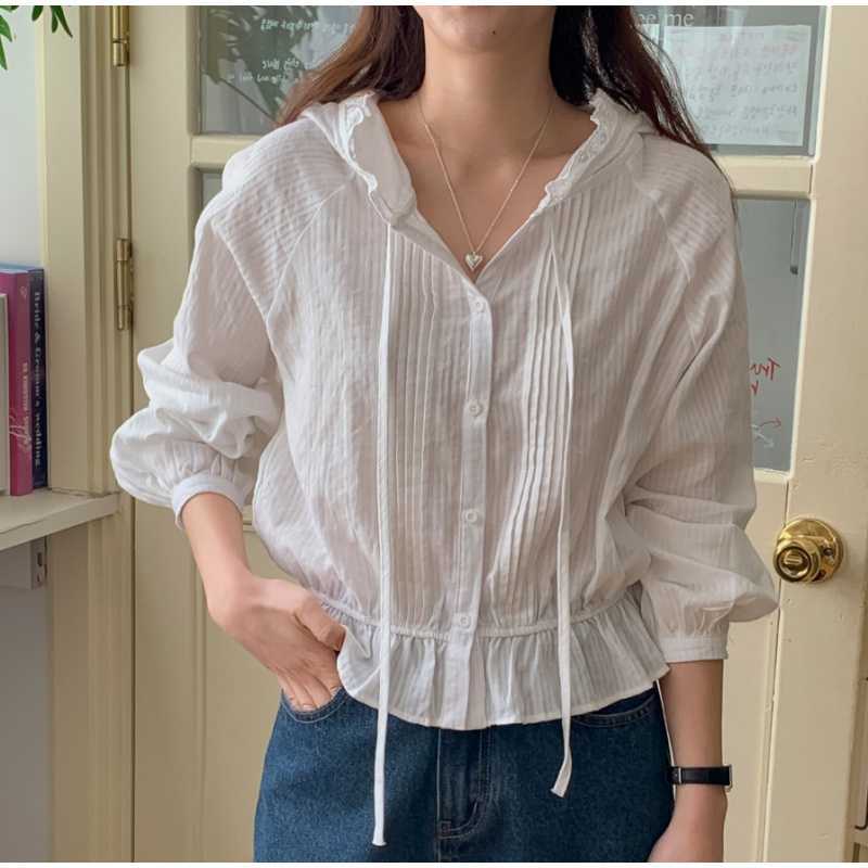 Korean New Style French Design Elastic Waist Hooded Lace Long-Sleeved Sun Protection Air-Conditioning Shirt for Women