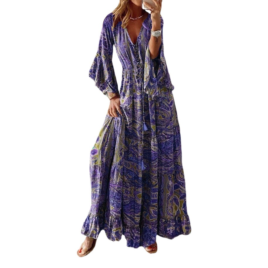 2023 European and American Cross-border Bohemian Flare Sleeve Printed V-neck High Waist Holiday dress Floral Long Dress