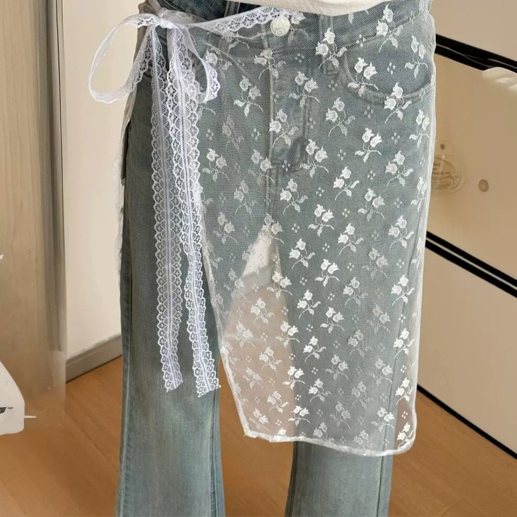 One-piece Korean-style design floral embroidery lace lace overlapping artifact single product with half-length gauze skirt fart curtain
