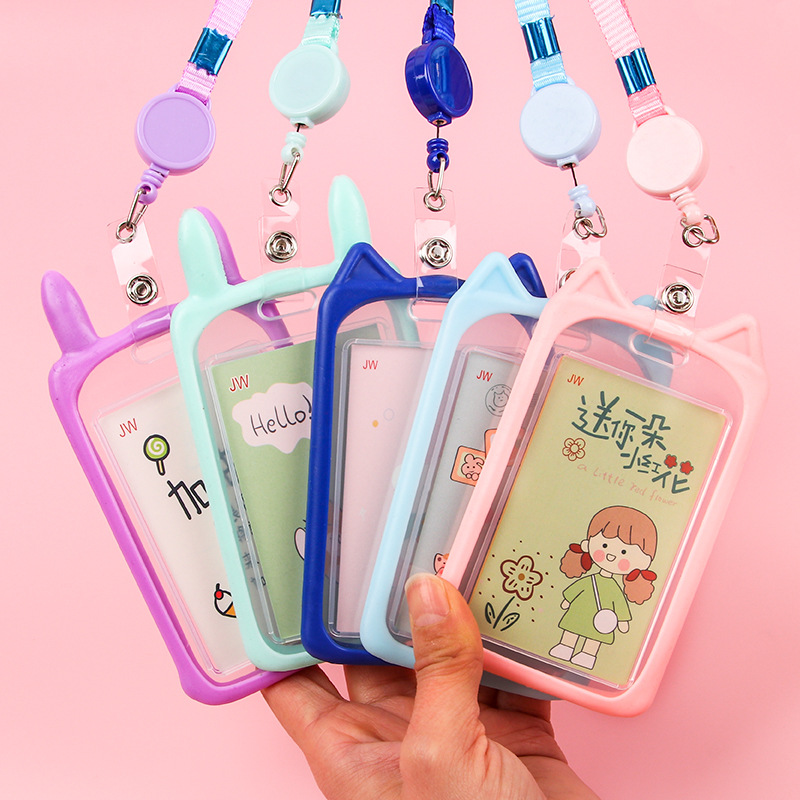 Picture of Ins Style Student Card Holder Creative Cute Halter Silicone Campus Badge Transparent Retractable Rope Id Holder Wholesale