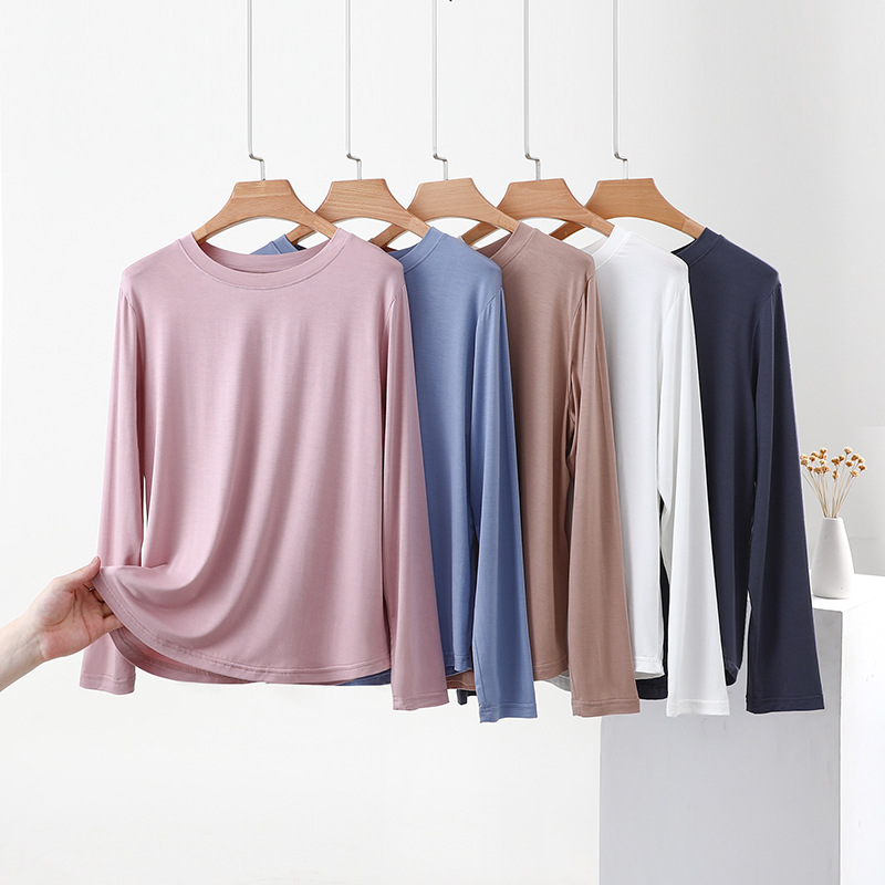 Modal Round Neck Bottoming Shirt for Women in Spring & Fall, Long-Sleeved T-Shirt, Elastic Slim Fit, Thin Low-Neck Versatile Top