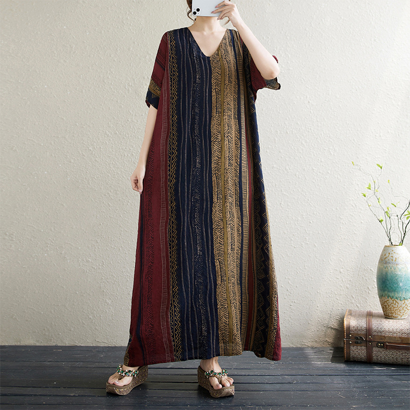 Foreign Trade dress Vintage Artistic Printing V-neck dress Loose plus size Ethnic Style Travel Robe Women's Meat Covering