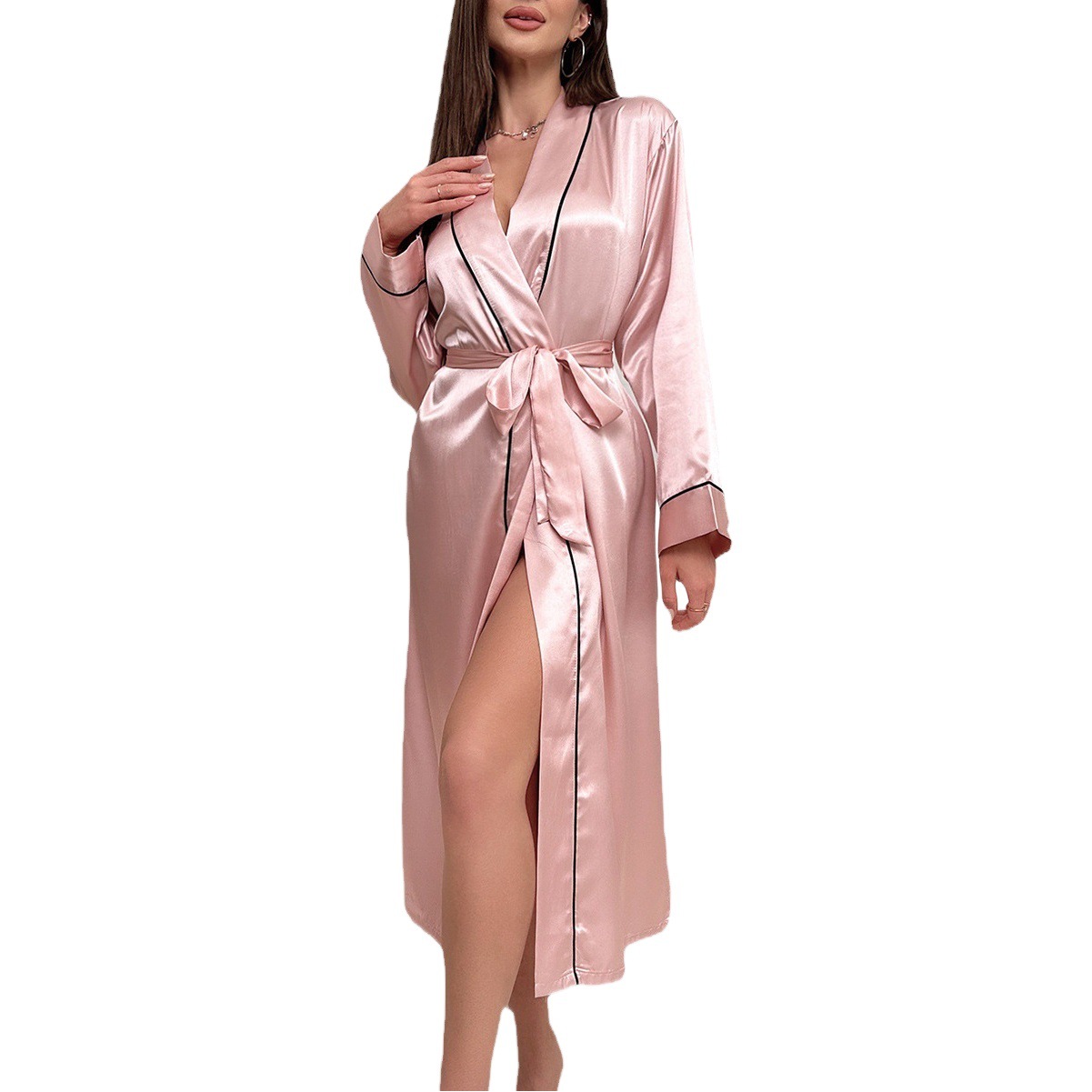 Factory in stock Long Ice Silk Nightgown Summer Thin Fashionable Simple Home Clothes Women Sexy Cardigan Bathrobe