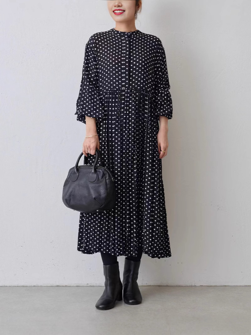 Japanese Style 2024 Autumn Long Round-Neck Pleated Long-Sleeve Polka Dot Dress in Stock