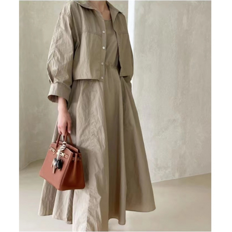 Amazon Early Autumn Japanese Solid Color Simple Skirt Long Skirt Jacket Two-Piece Set Mid-Length Long-Sleeved Dress for Women