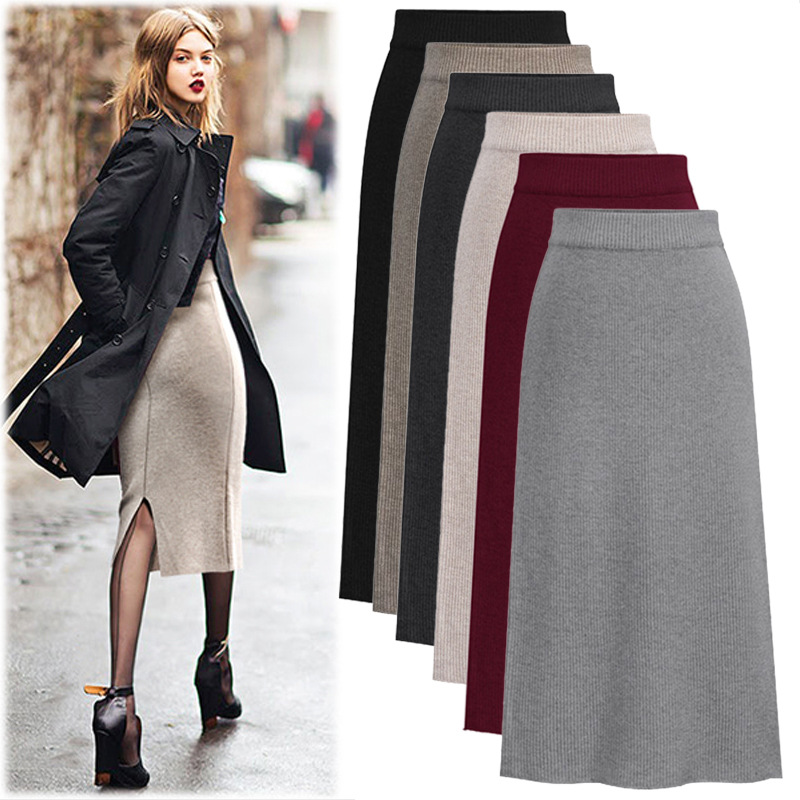 Picture of Skirt women's slimming mid-length plus size woolen skirt split hip skirt one-step skirt high waist long skirt 75cm