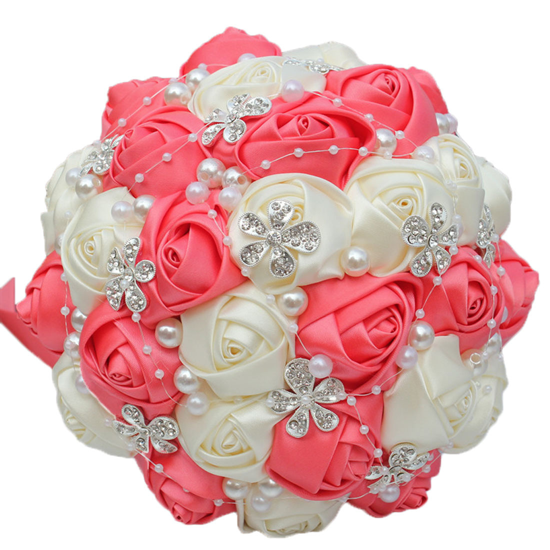 Picture of European and American Super Beautiful Ribbon Flower Wedding Supplies Bride's Hand-held Flower Five-flower Beaded Hand-held Flower Wedding Supplies Hand-held Flower