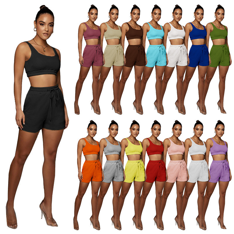2024 European and American Amazon cross-border summer women's solid color double-layer vest shorts sports navel suit