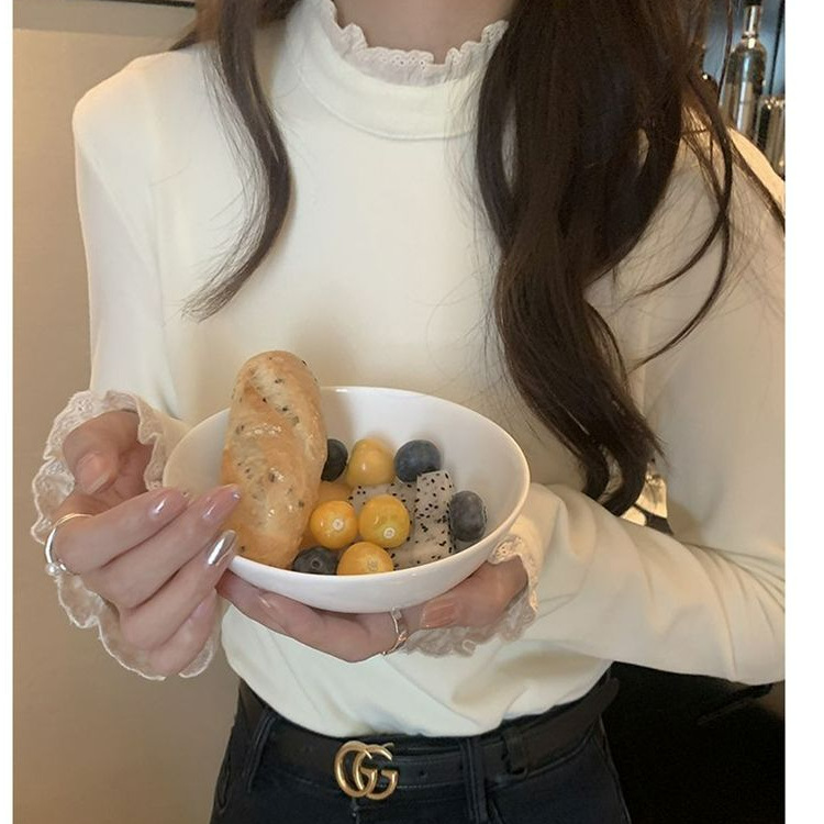 240g Derong Lace Trim Half-High Collar Long-Sleeve T-Shirt for Women, Slim-Fit Base Shirt