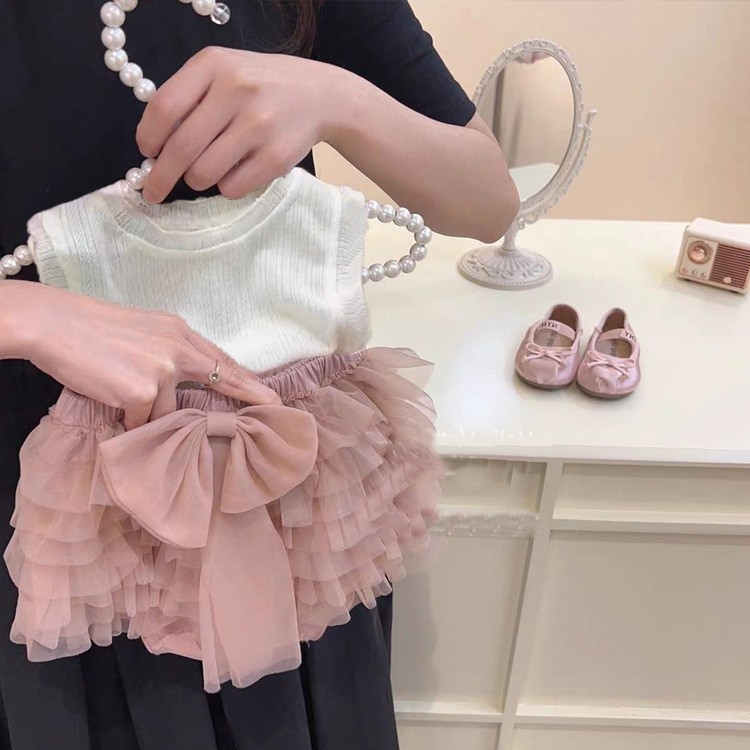 2025 Korean Style Girls Summer Tutu Culottes Two-Piece Set Mesh Cake Skirt Cute Vest Shorts Two Pieces