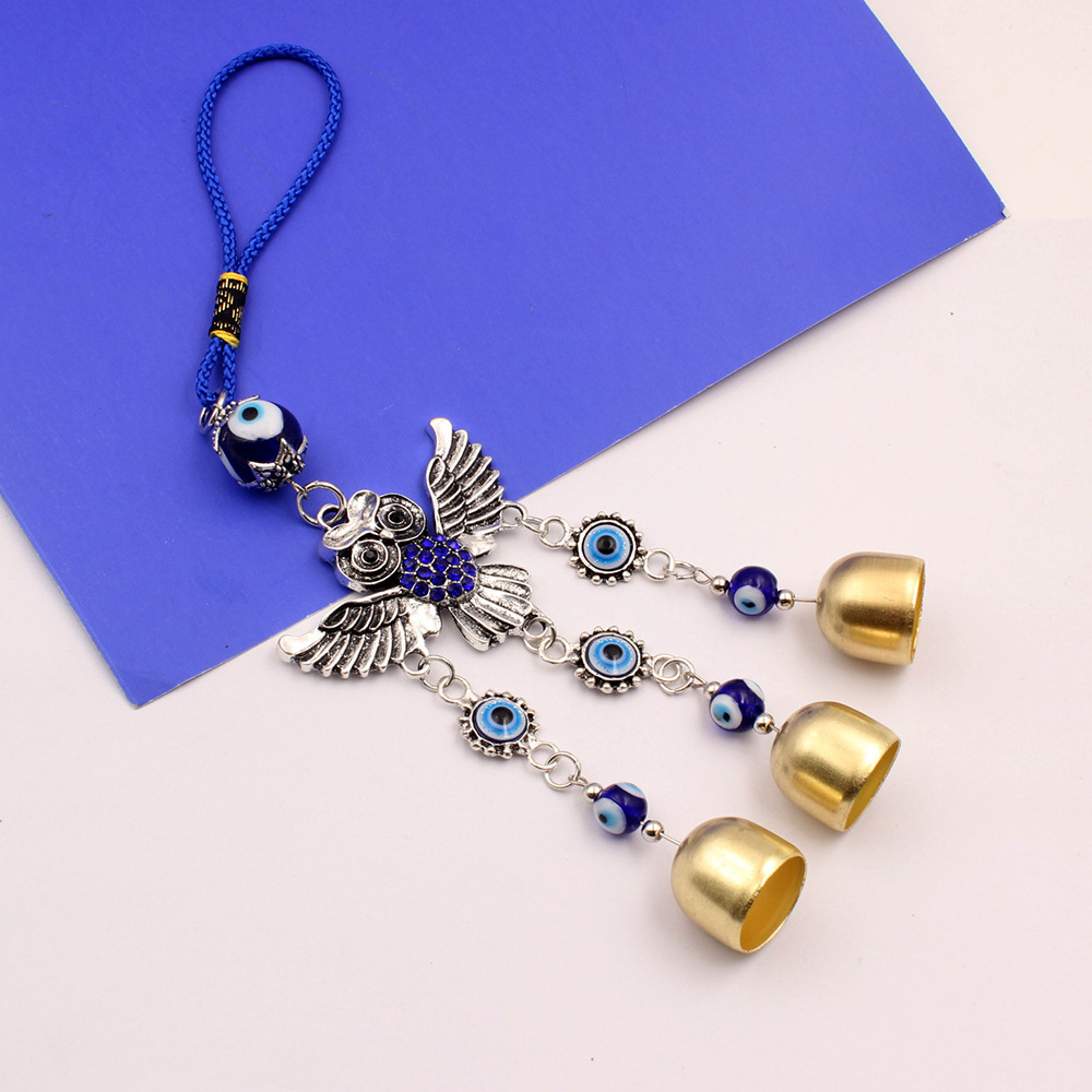 Picture of Alloy Spread-Winged Owl Blue Diamond Copper-Colored Bell Blue Pendant Evil Eye Car Hanging Ornament