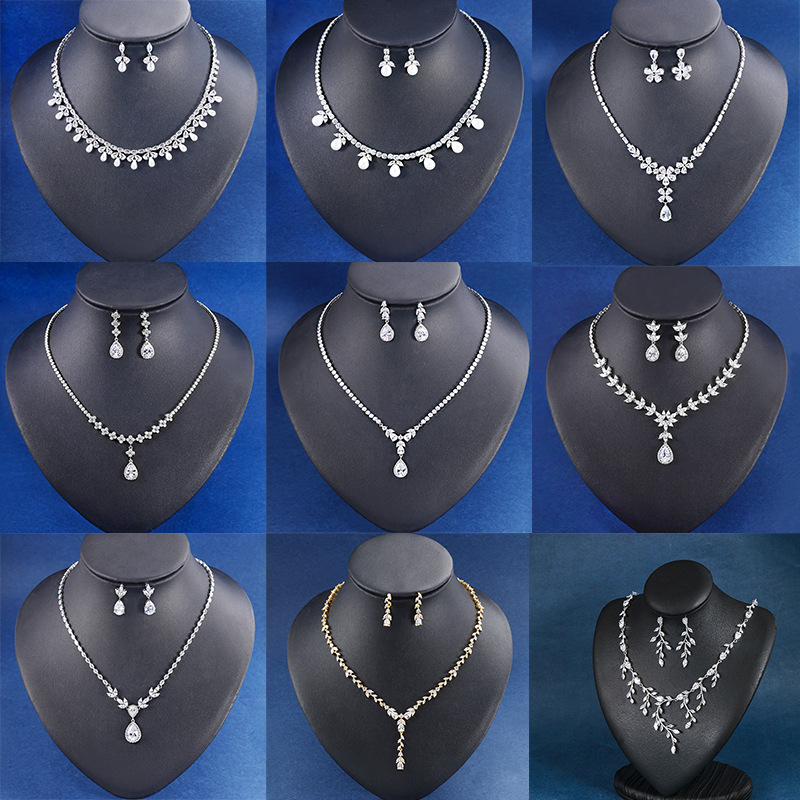 Light Luxury Zircon Necklace Earrings Set Chain Bridal Wedding Accessories Wedding Dress Accessories Evening Dress Dinner Annual Meeting Jewelry