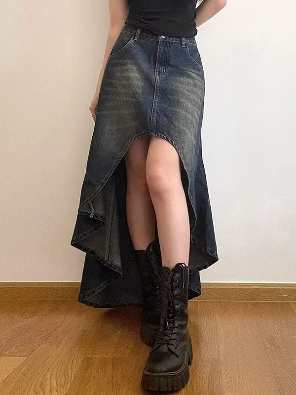 European and American Style Large Size Denim Skirt Design Sense Niche All-Match Fishtail Skirt Retro High Waist Mid-Length Skirt Trendy
