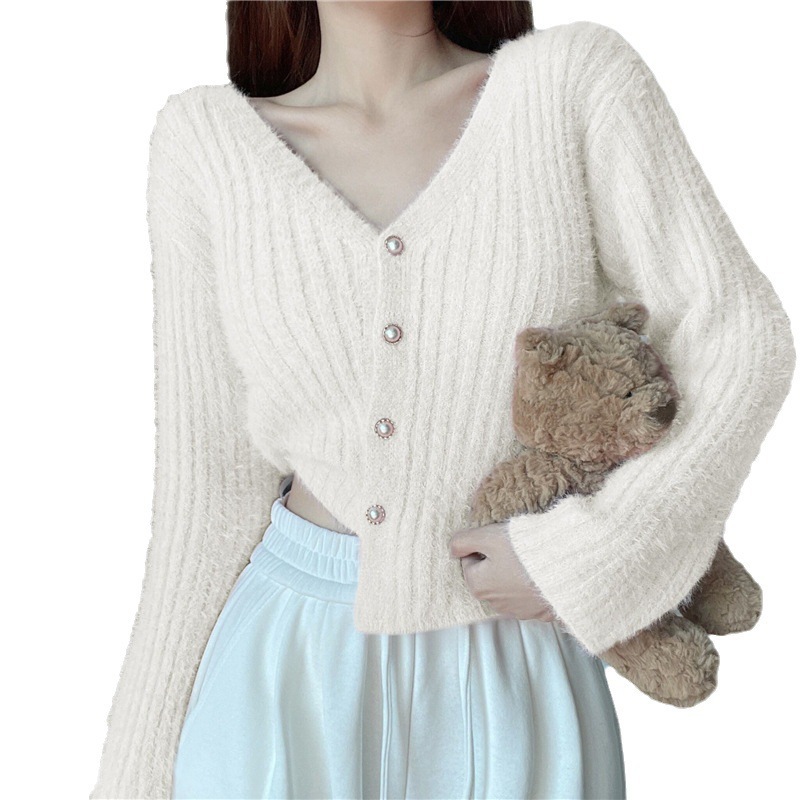 Picture of Autumn and Winter New French Style Imitation Mink Pearl Button Sweater Design Niche Short Knitted Cardigan Top for Women
