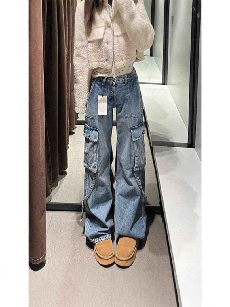 American Style High Street Low Waist Tooling Jeans Women's Autumn Design Sense Multi-Pocket Loose Slimming Straight Pants