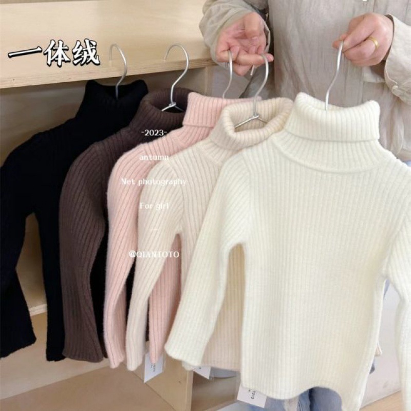 [in stock children's sweater winter new boys and girls one-piece velvet high collar base shirt girls warm knitted