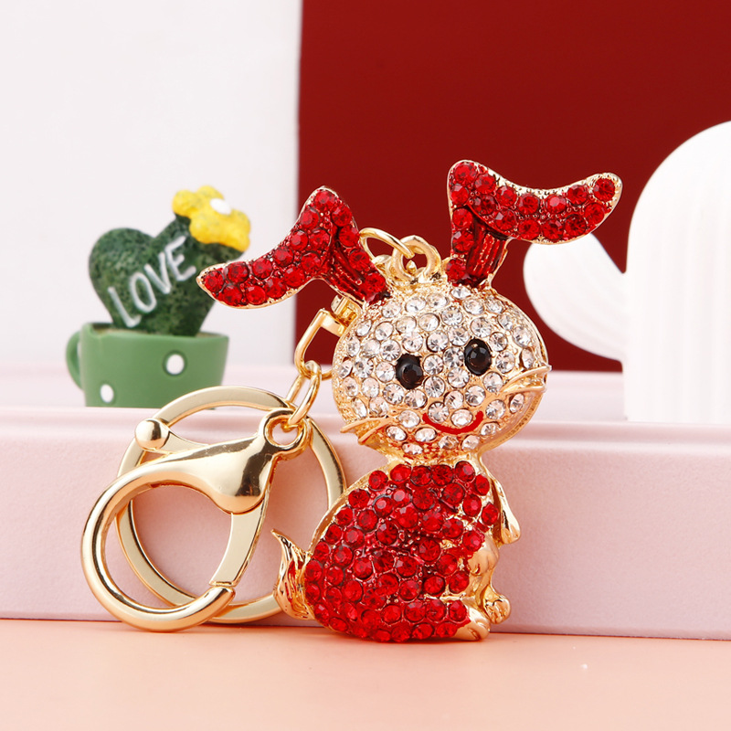 Diamond Bent Ear Rabbit Car Keychain Women's Creative Bag Pendant Metal Key Chain Zodiac Gift Wholesale