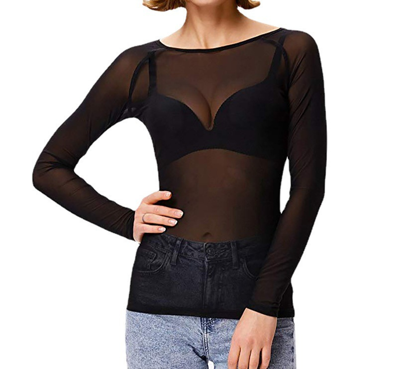 Picture of Autumn 2023 Black Transparent Mesh Base Shirt Women's Long-sleeved Sexy Perspective Thin Mesh Shirt Super-stretch Shirt