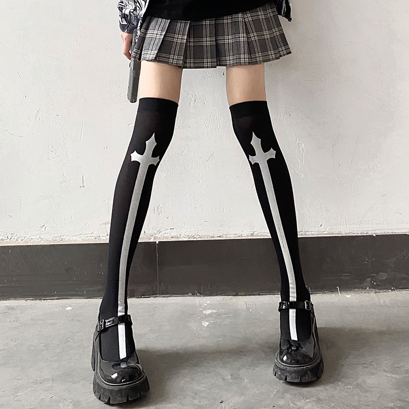 Picture of Cross Cross Cross Stockings Printing Halloween Socks Spider Web Over-the-Knee Socks Black White Lolita Stockings