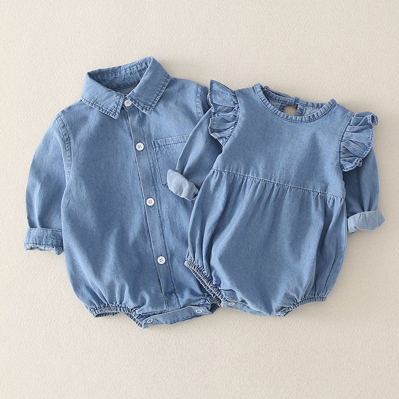 Baby jumpsuit spring and autumn dress baby girl denim shirt outer wear triangle climbing suit 5 princess 6 ha clothes 3 months 9