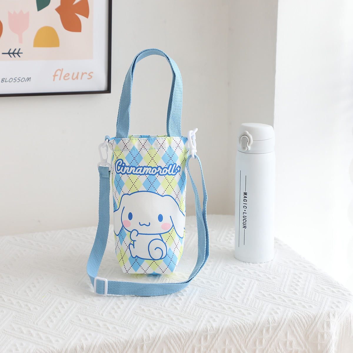 Picture of Japanese Style Cartoon Cute Canvas Water Cup Bag Crossbody Portable Dual-purpose Water Kettle Bag Outgoing Small Cloth Bag Handbag