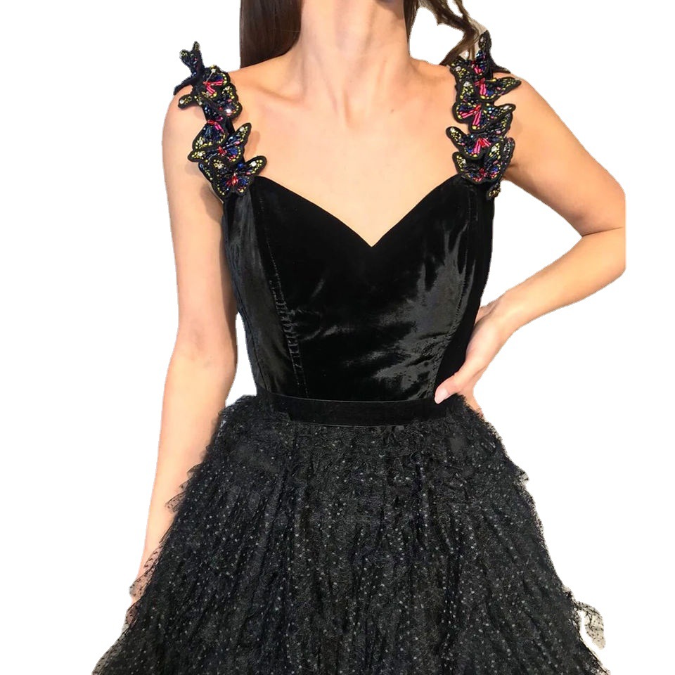 Picture of European and American large size small dignified and graceful black multi-layer pleated suspender long skirt annual performance host dress
