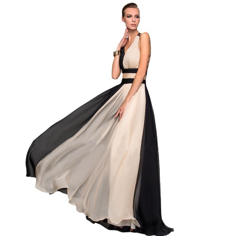 Picture of 2025 New Amazon European and American Foreign Trade Dress Amazon V-Neck Sleeveless Color Block Dress Long Skirt
