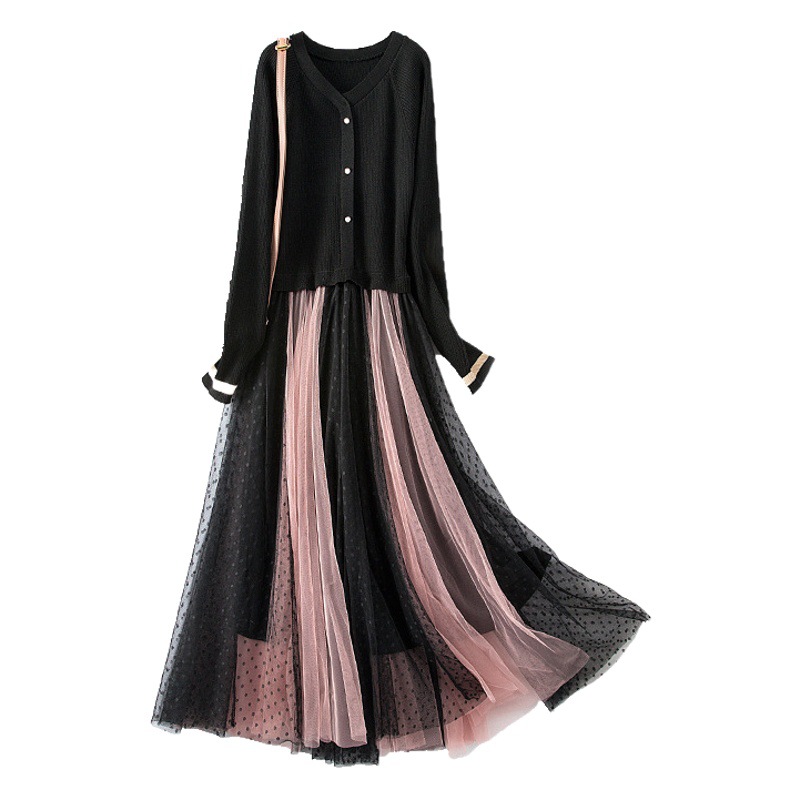 Picture of In stock autumn plus size women's clothing 2021 elegant slim-fit slimming knitted stitching dress chubby girl lace A- line skirt 817