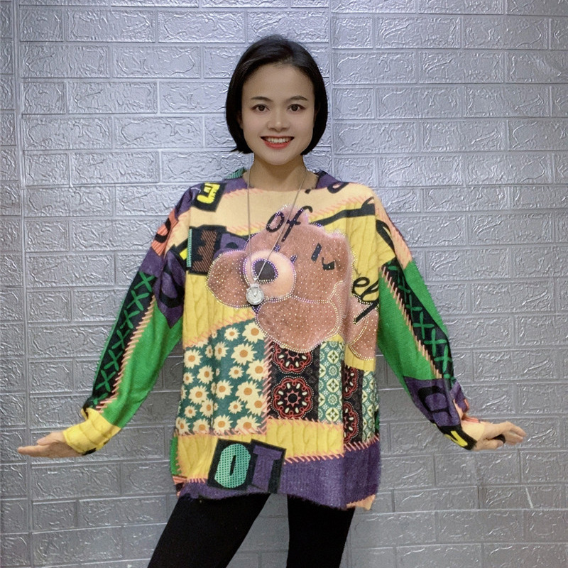 All-Match Knitted Sweater Women's Autumn and Winter 2023 Loose Bear Printed Retro Pullover Long-Sleeved Distinctive Top for Women