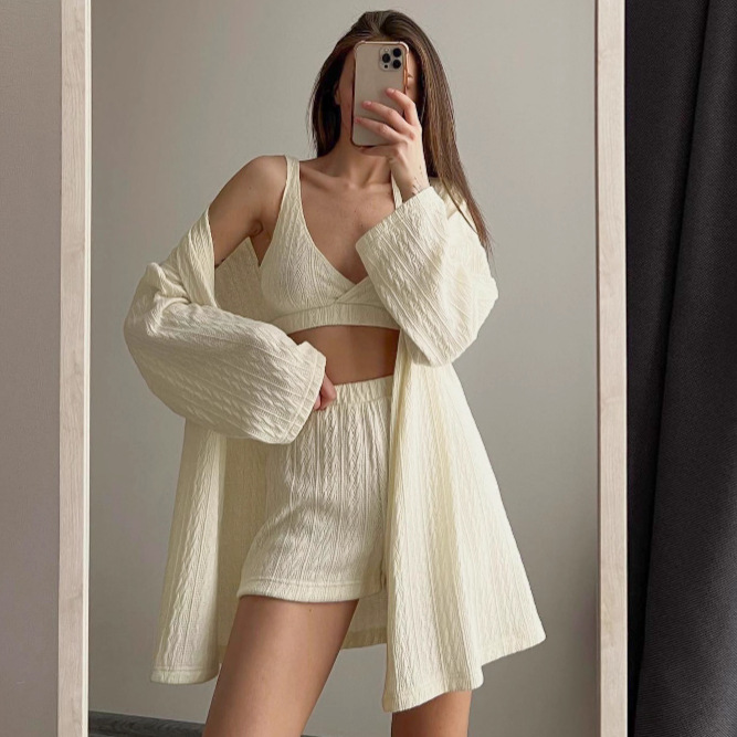 European and American autumn new beige knit long-sleeve robe underwear shorts pajama three-piece set 2025 cross-border loungewear
