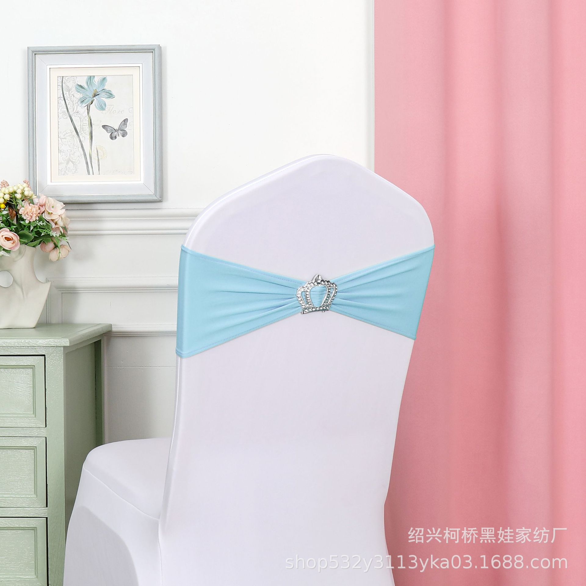 Picture of Chair Back Flower Bow Crown Diamond Buckle Elastic Banquet Chair Set Decoration Free Wedding Strap Ribbon Wedding Ribbon