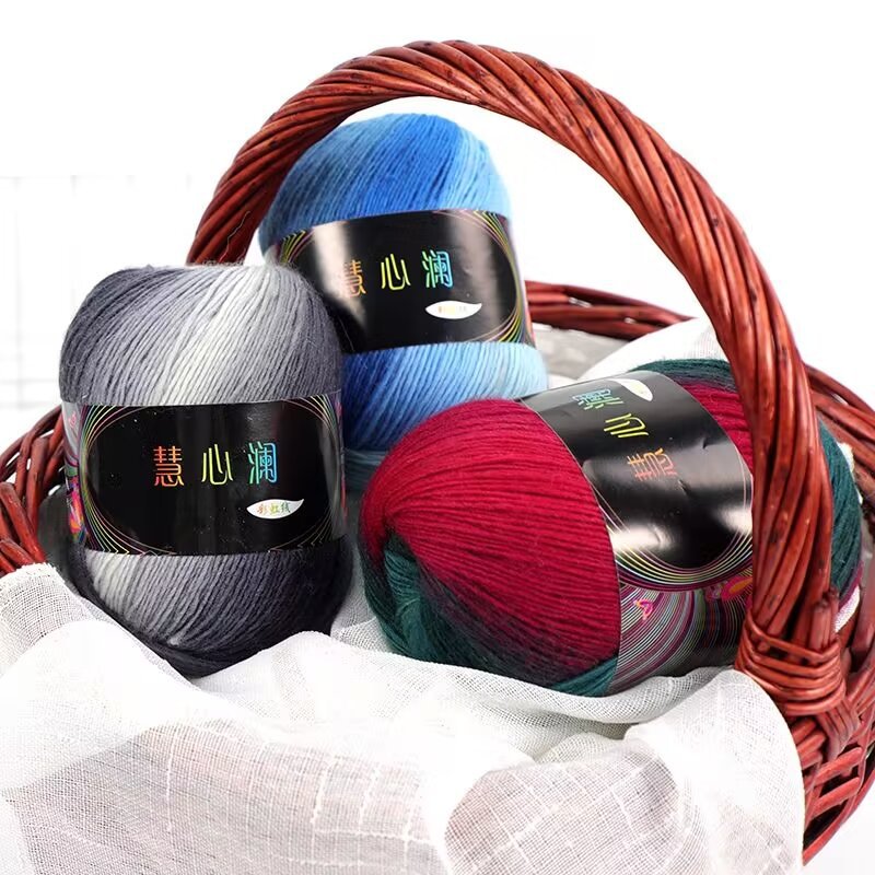 Wholesale rainbow gradient color long section dyed wool line 400 m hand-knitted scarf line shawl hat scarf wool ball