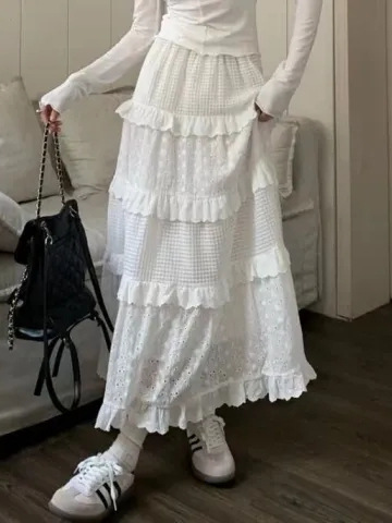 Small Gentle French Style Skirt Women's Spring High Waist A- Line Skirt Cake Skirt Long Skirt Crochet White Skirt