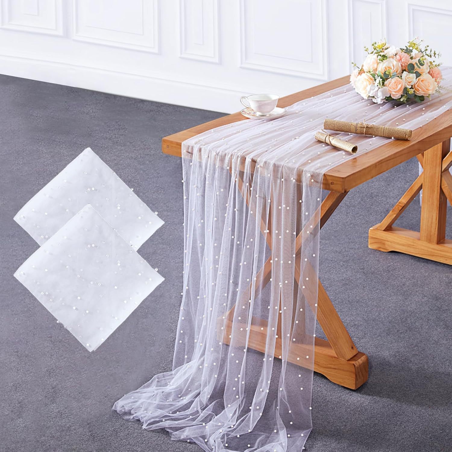 Cross-border Amazon Pearl Table Runner Veil Tablecloth Solid Color Pearl White Yarn Beautiful Background Cloth Decorative Mesh Wholesale