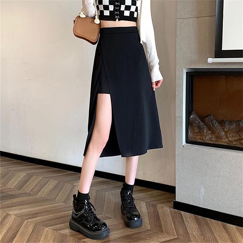 2023 irregular split black one-step skirt women's summer mid-length A- line skirt high waist hip skirt skirt