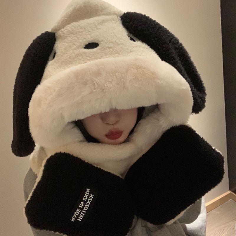 Autumn and Winter Explosions Parchal Dog Hat and Scarf One Three-piece Set Cute Plush fleece-lined Thickened Warm Neck Gloves