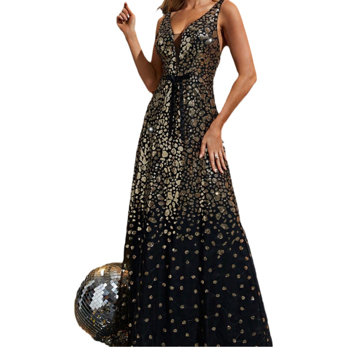 Ebay Cross-Border Evening Dress New Sexy Backless Double Shoulder V Neck Waist Bow Sequin A-Hem Dress