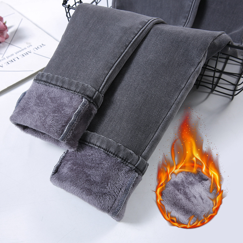 Outer Wear fleece-lined Thickened Jeans Women's 2024 New Autumn and Winter High Waist Tight Denim Slimming Warm Long Pants