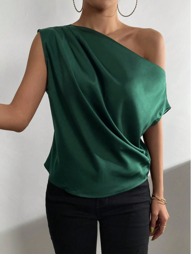 Picture of 2025 Spring Solid Color Satin Simulated Silk Irregular Sloping Shoulder One-Neck Pullover Sleeveless Shirt Women's European and American Clothing