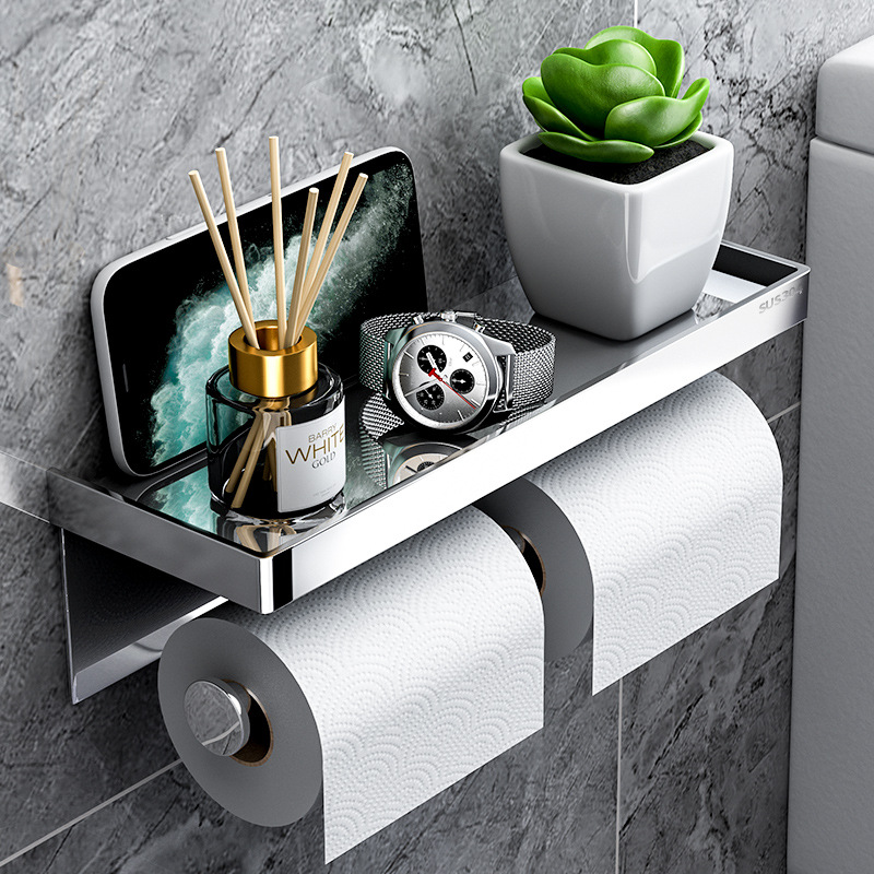Picture of Punch-free Roll Paper Holder 304 Stainless Steel Wall-mounted Mobile Phone Rack Toilet Roll Paper Box Toilet Tissue Holder