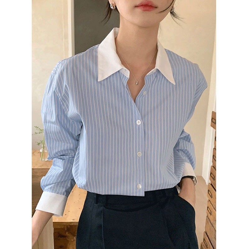 South Korea chic spring niche temperament contrast color lapel loose casual versatile long sleeve striped shirt top for women