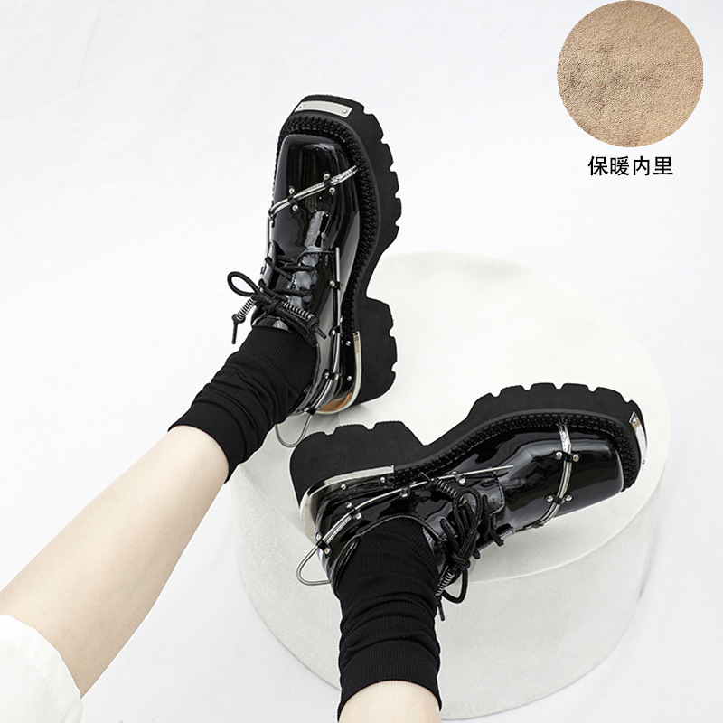 British Platform Derby Shoes Women's Metallic Decorated Black fleece-lined Shoes Warm All-Match JK Design Loafers