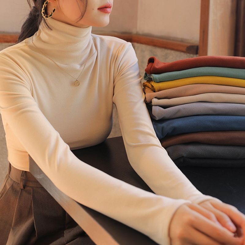 Solid color velvet pile turtleneck base shirt women's inner layer with fleece and thickened long-sleeved base layer in autumn and winter is tight