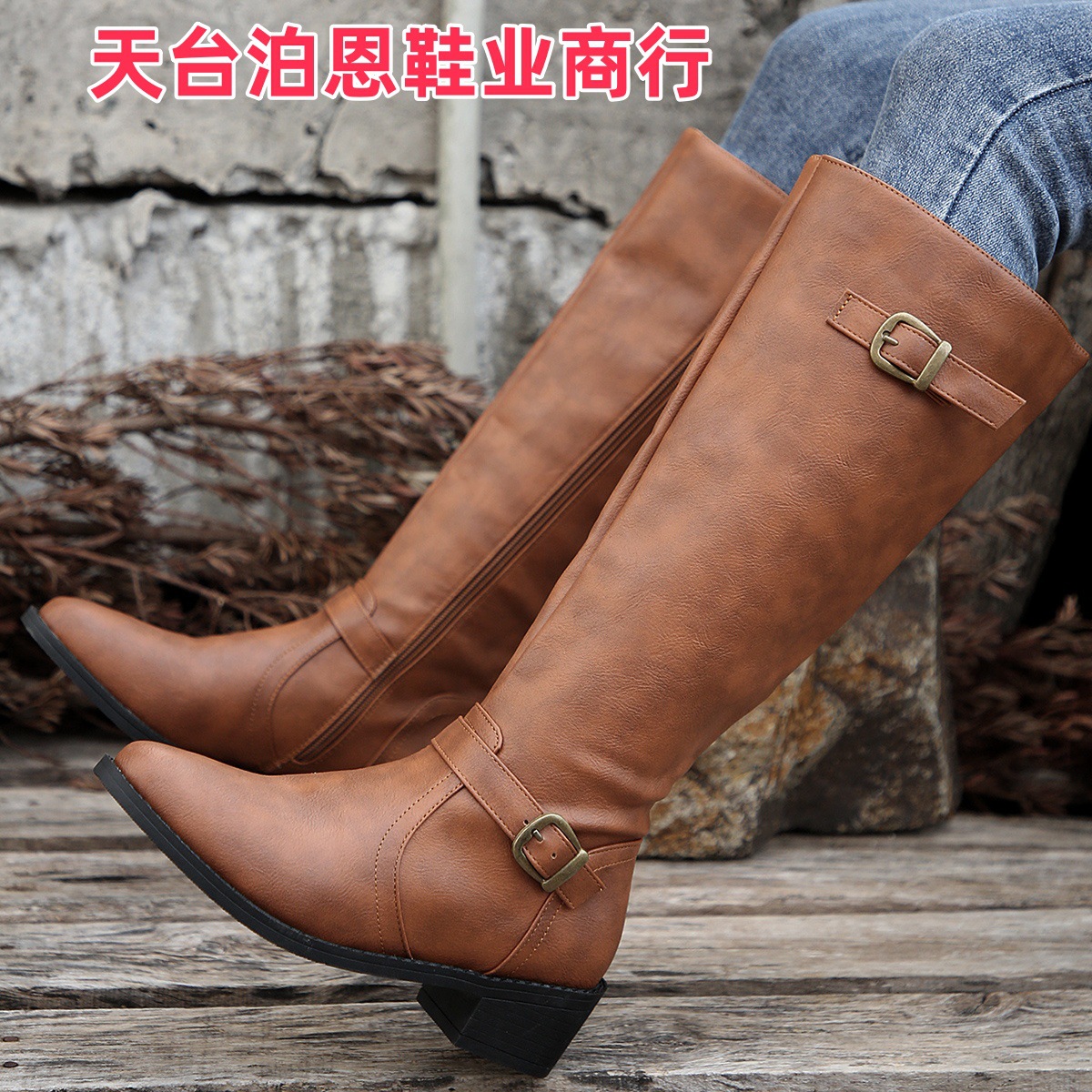 Picture of Foreign Trade Europe & America In-Stock 2025 Cross-border Round Toe Side Zipper Belt Buckle Square Heel Women's Boots Autumn/Winter New Mid-Calf Boots