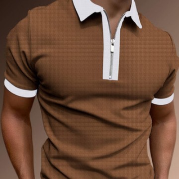 2025 Cross-Border New Amazon Men's Summer Color-Blocked Short-Sleeved Sports Casual Lapel T-Shirt Half-Zip Polo